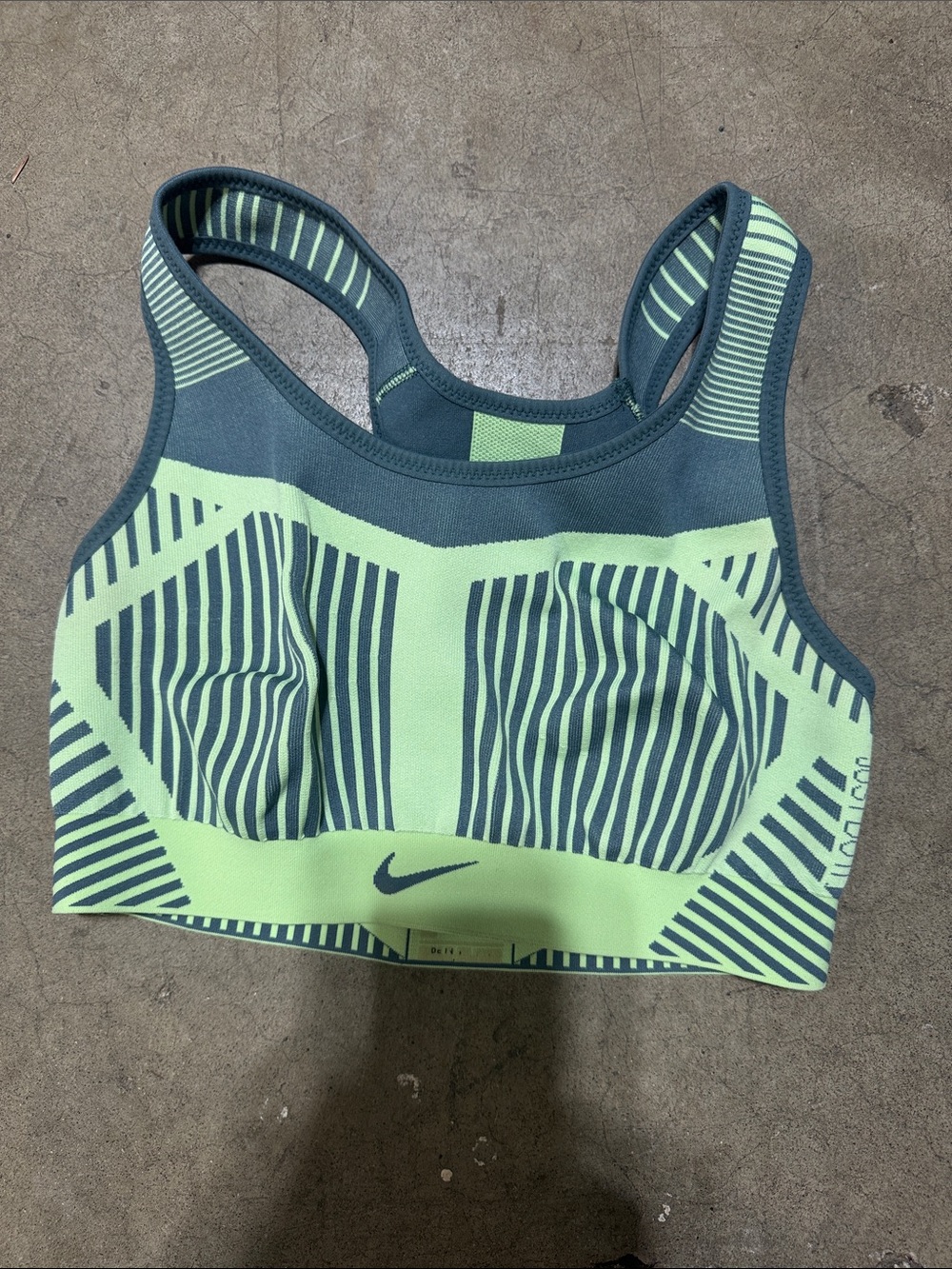 Nike Neon Lime and Charcoal Striped Medium-Impact Sports Bra